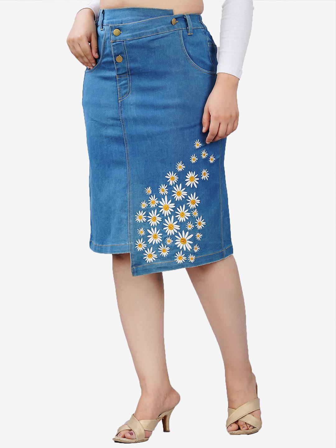 AMERI DENIM LIKE FLOWER SKIRT SUMAVI-FASHION Floral Embroidered