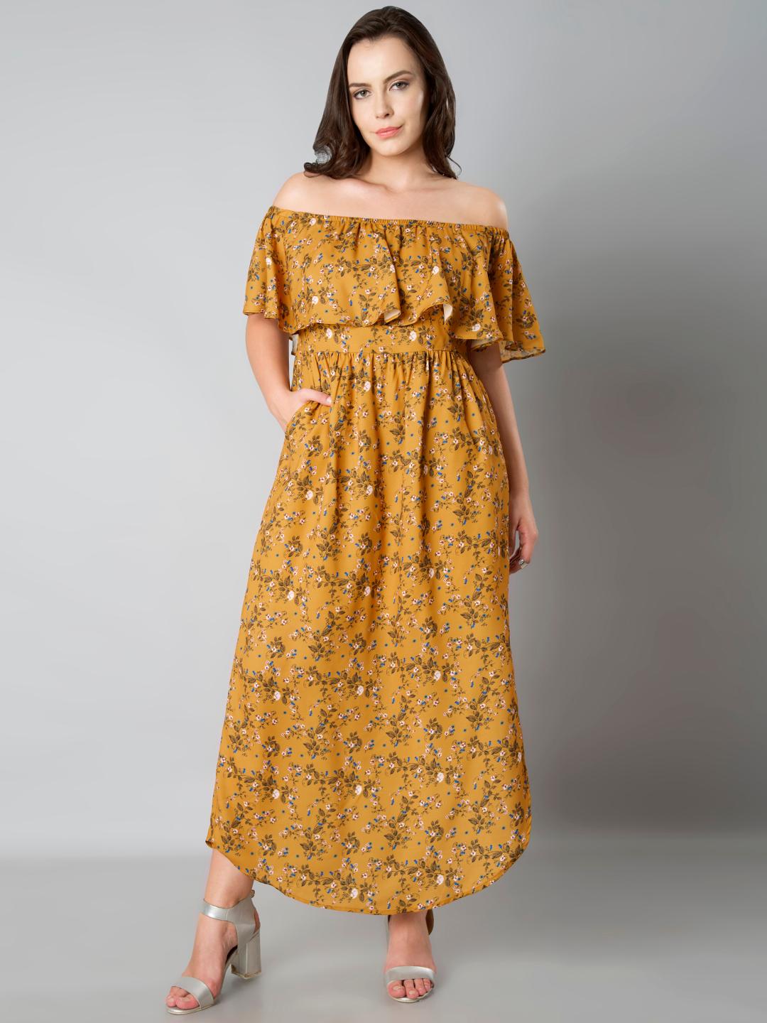 Buy FabAlley Curve Plus Size Women Mustard Printed Maxi Dress
