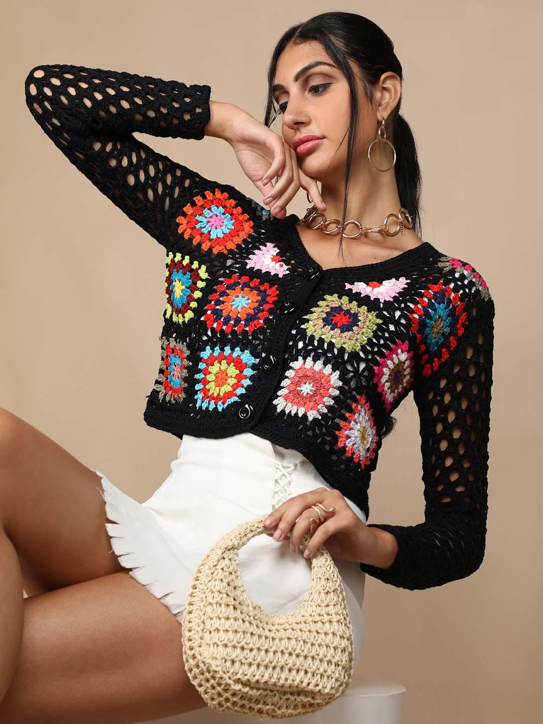 Buy Dlanxa Black Floral Self-Design Crochet Top - Tops for Women