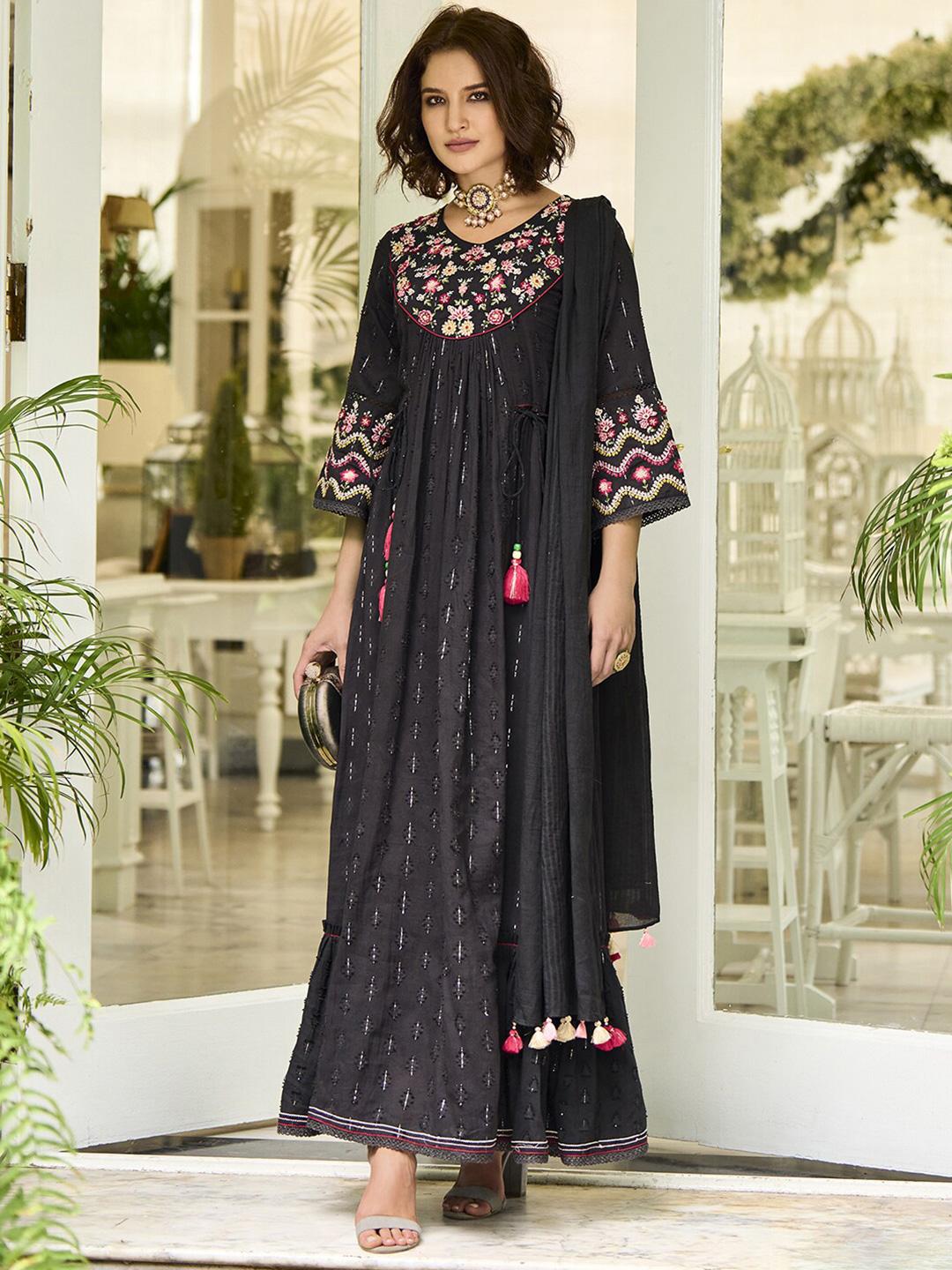 Buy Indo Era Floral Embroidered V-Neck Tie-Ups Detail Maxi Cotton