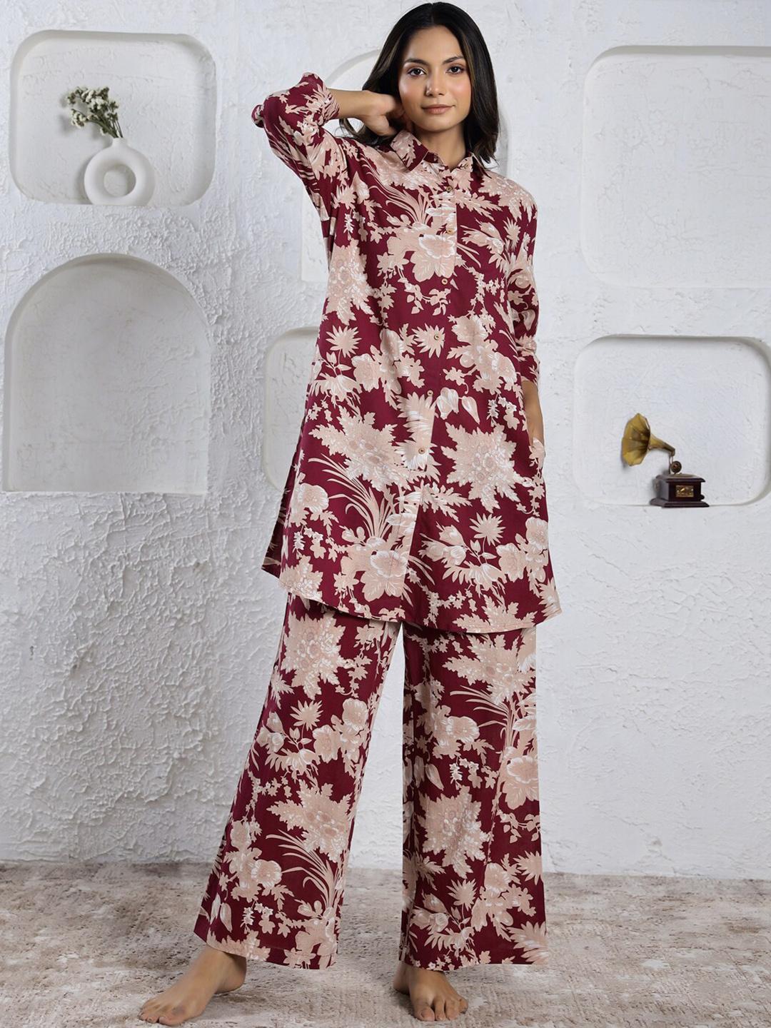 Buy SANSKRUTIHOMES Maroon Floral Printed Pure Cotton Night suit