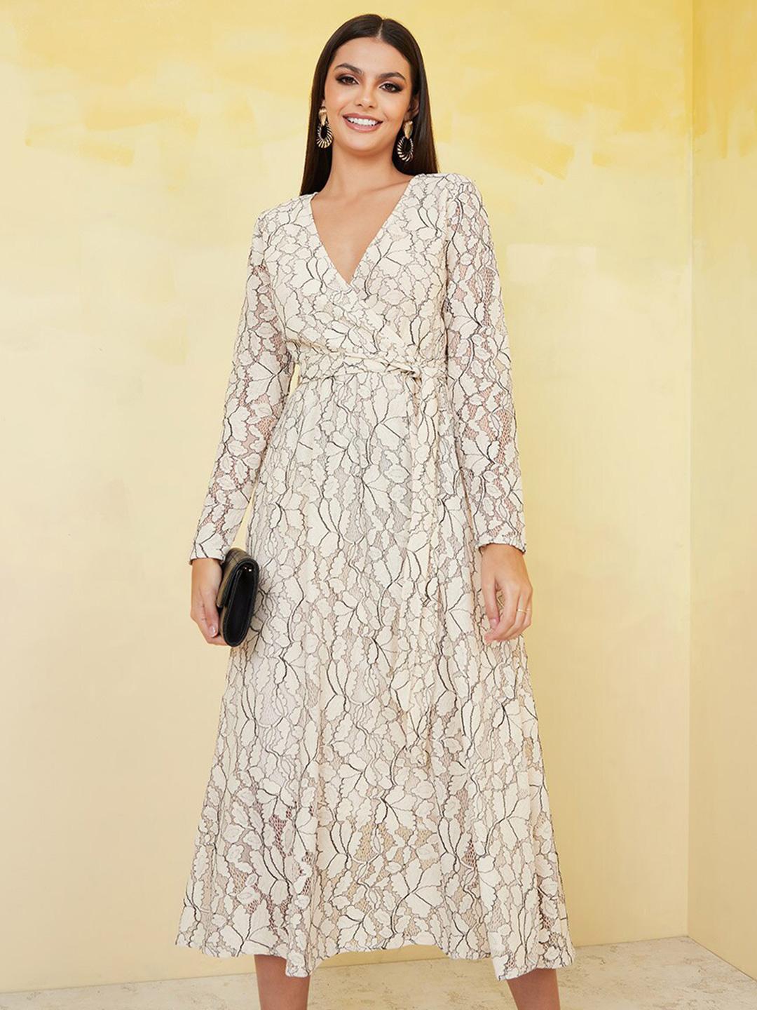 Buy Styli Self Design Lace Insert Midi Wrap Dress With Belt Detail