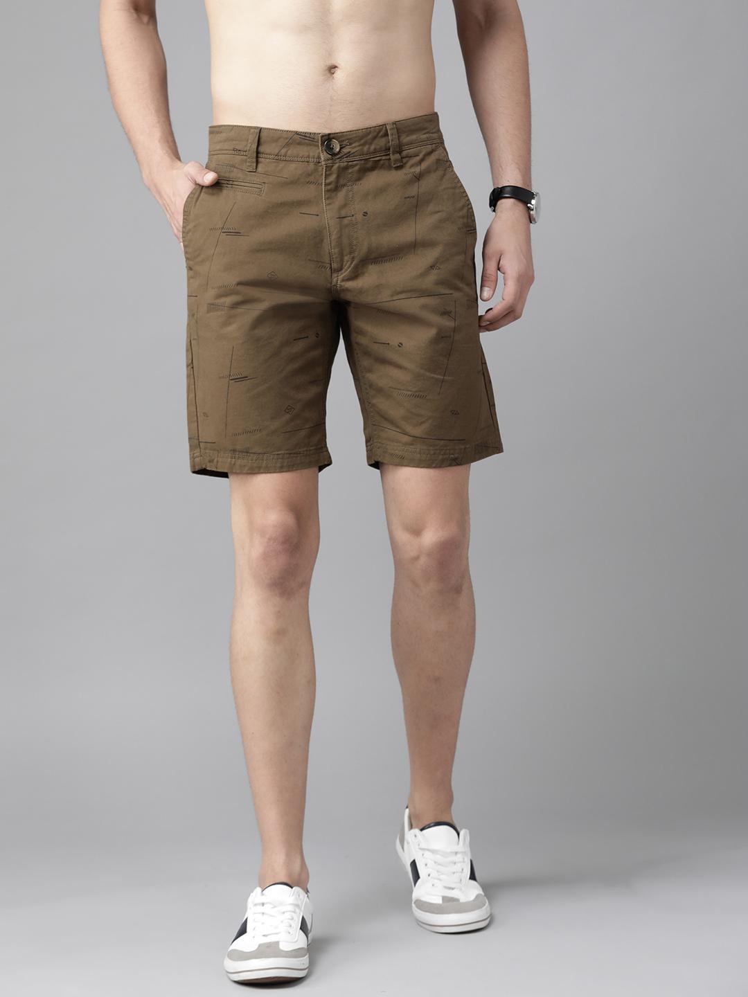 Roadster Men Olive Brown Pure Cotton Printed Regular Shorts