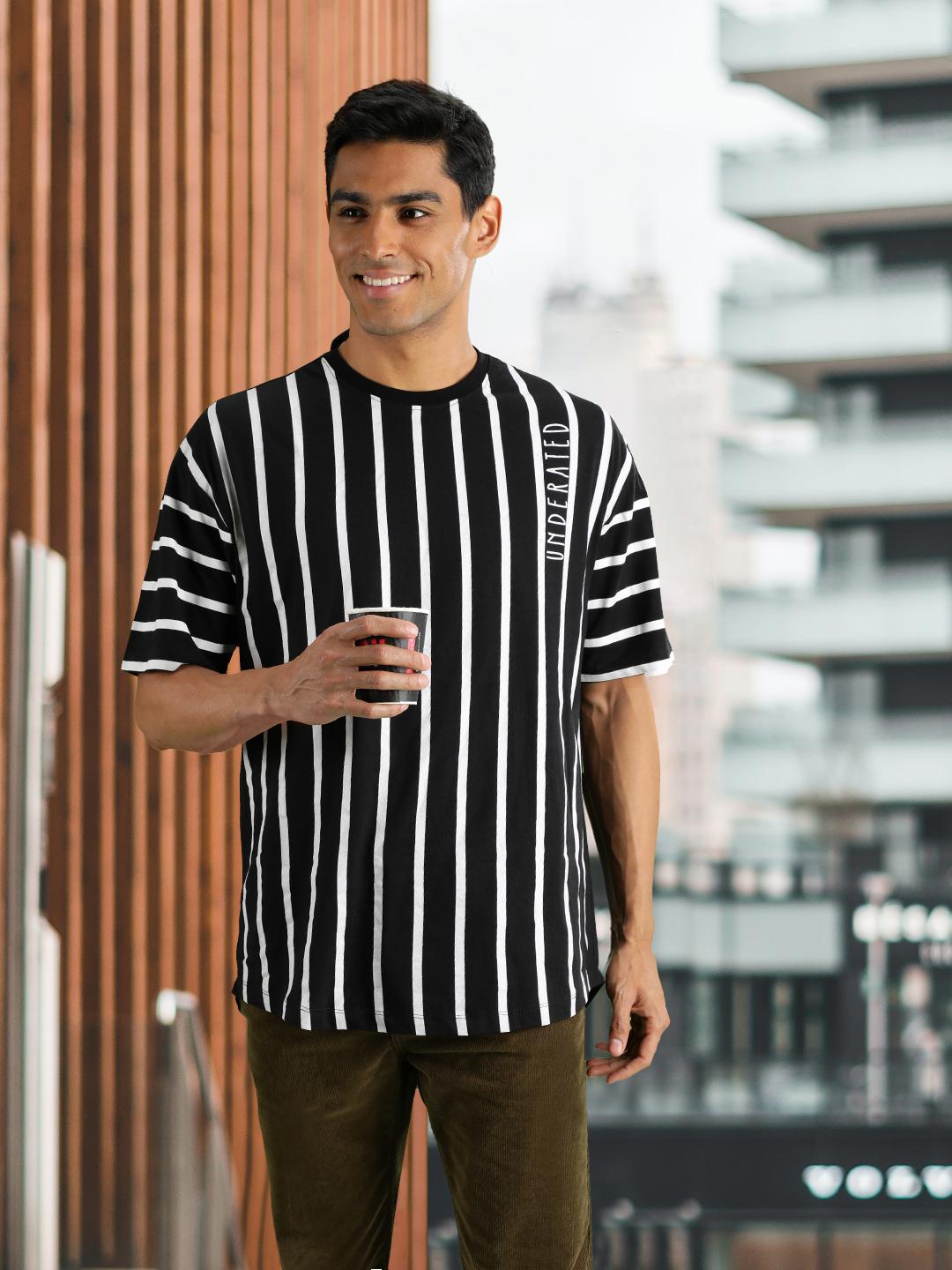 Buy Kook N Keech Men Black Striped Oversized Longline T-shirt