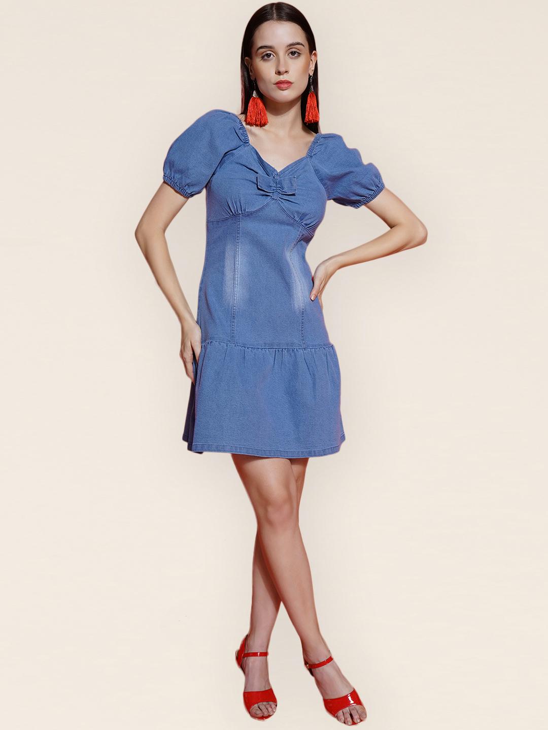 Buy VESTIDO MODAS Puff Sleeve A-Line Denim Dress Dresses for