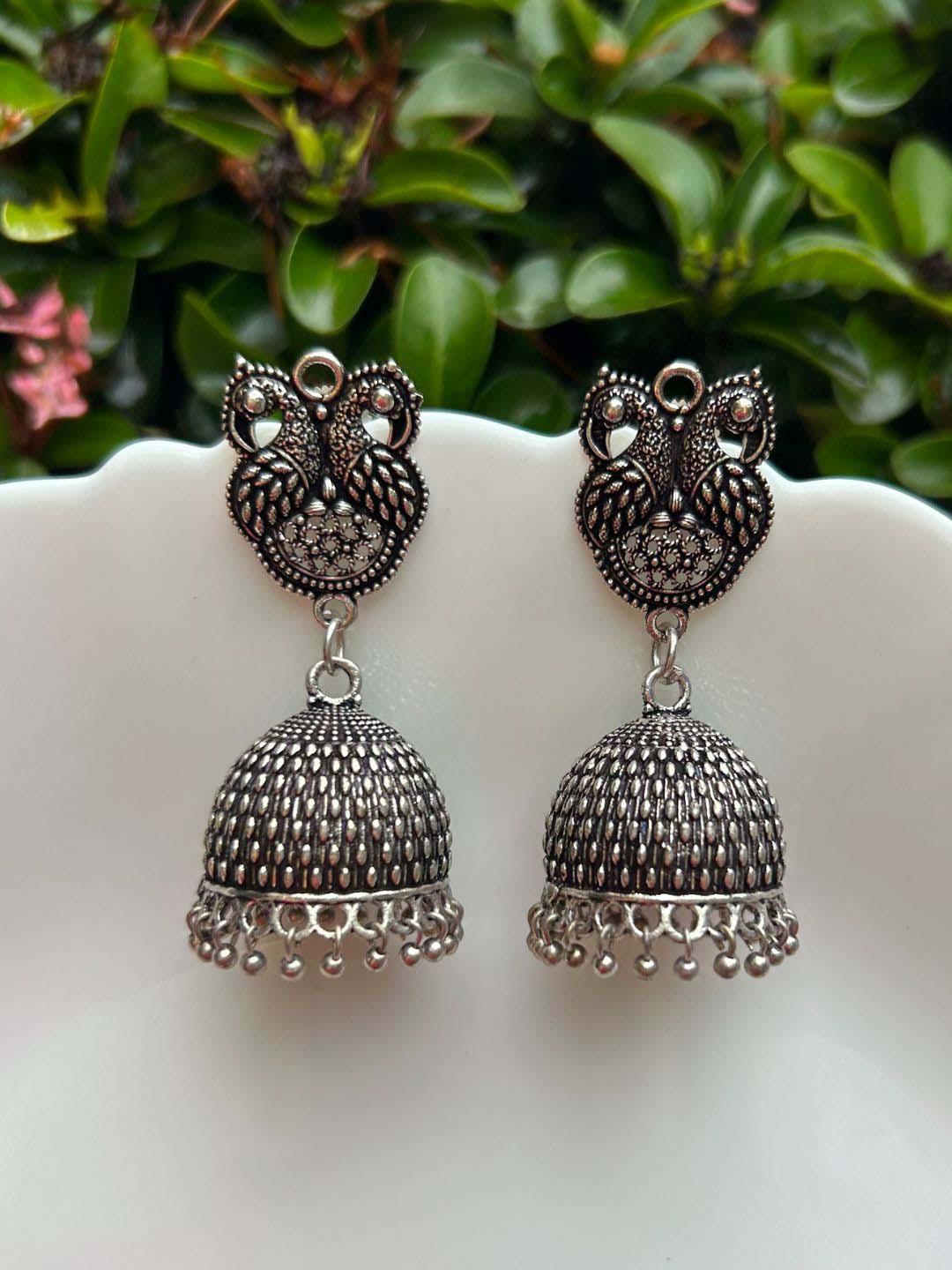 Jhumka Designs Silver Metal Jhumkas Silver-Toned Oxidized Dome