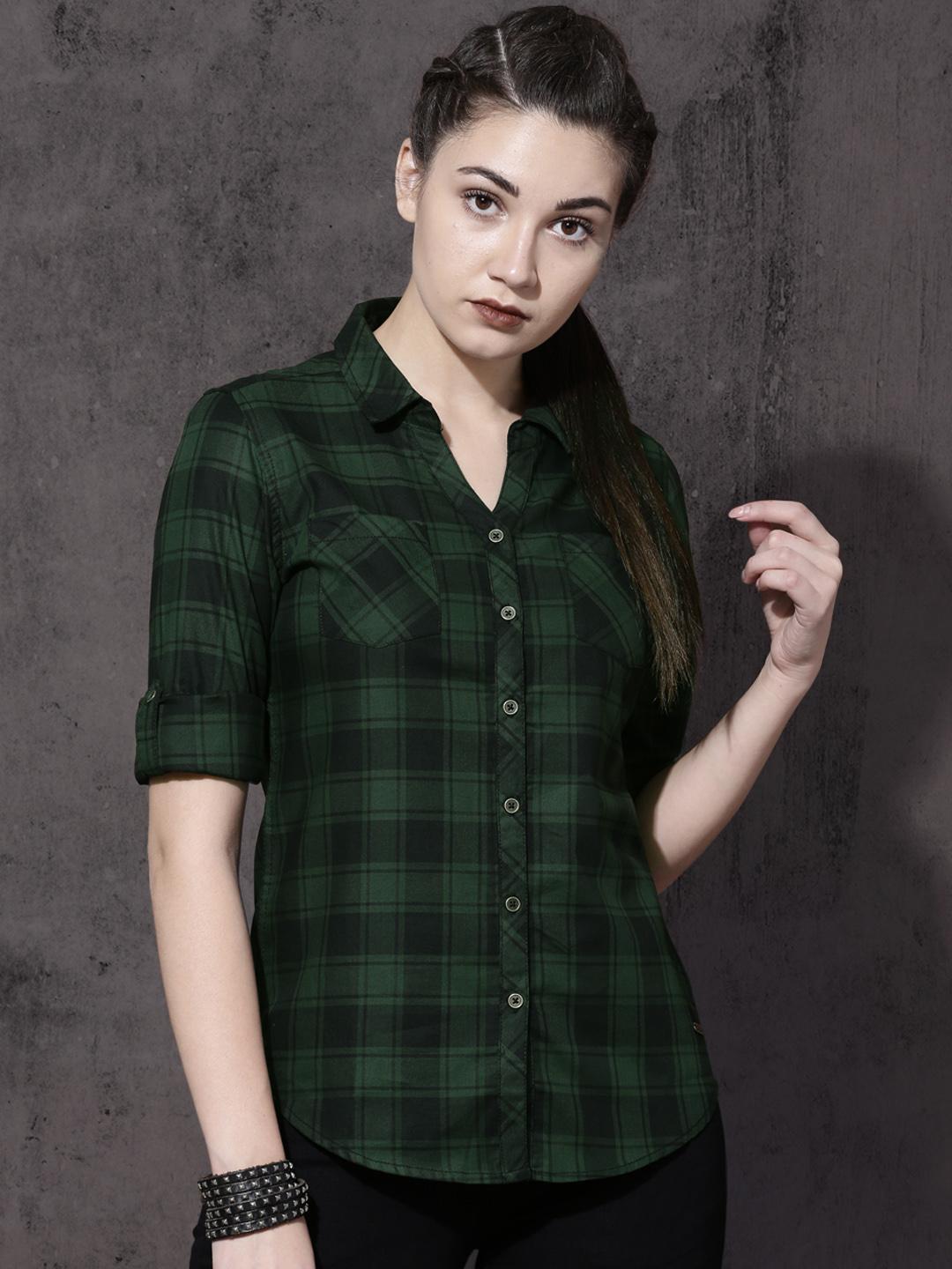 Buy Roadster Women Green Black Regular Fit Checked Casual Shirt