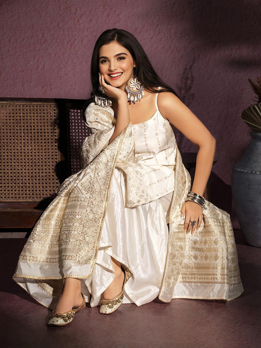 Buy Ishin Women Off White Ethnic Motifs Woven Design Straight