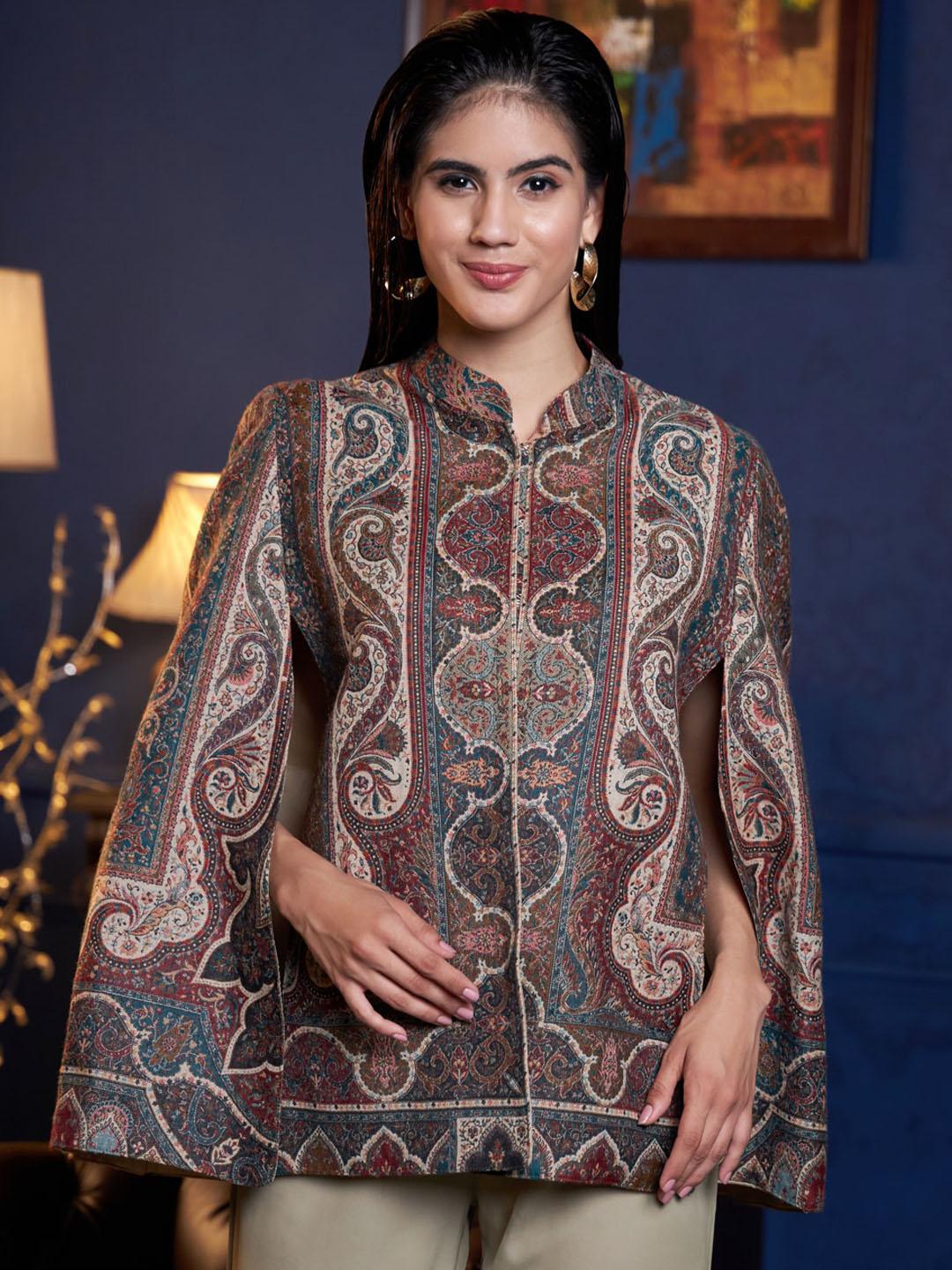 Buy Zamour Abstract Printed Longline Jacquard Cape Jacket with
