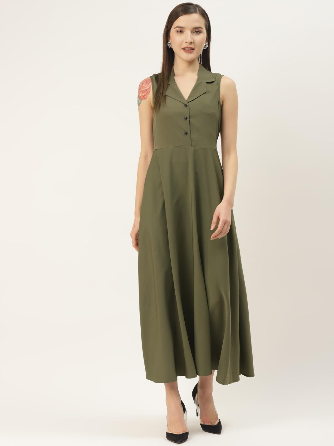 Buy DressBerry Olive Green Shirt Collar Crepe Maxi Dress - Dresses