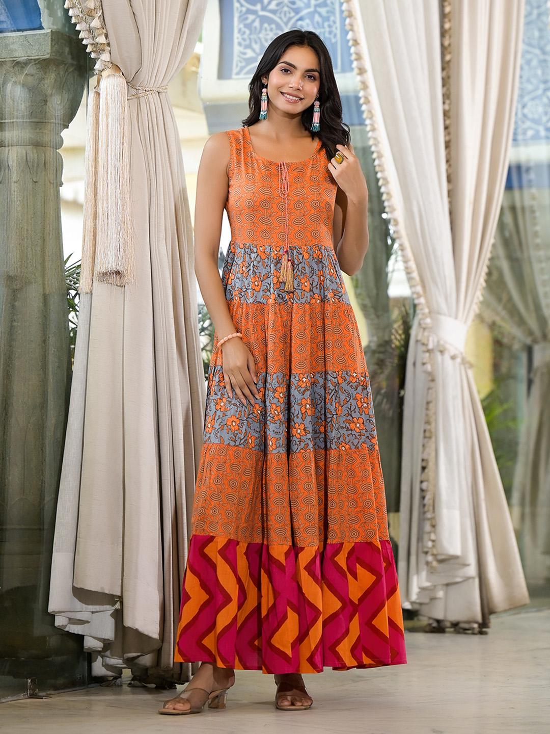 Buy AKS Round Neck Floral Printed Tiered Tie-Ups Fit And Flare