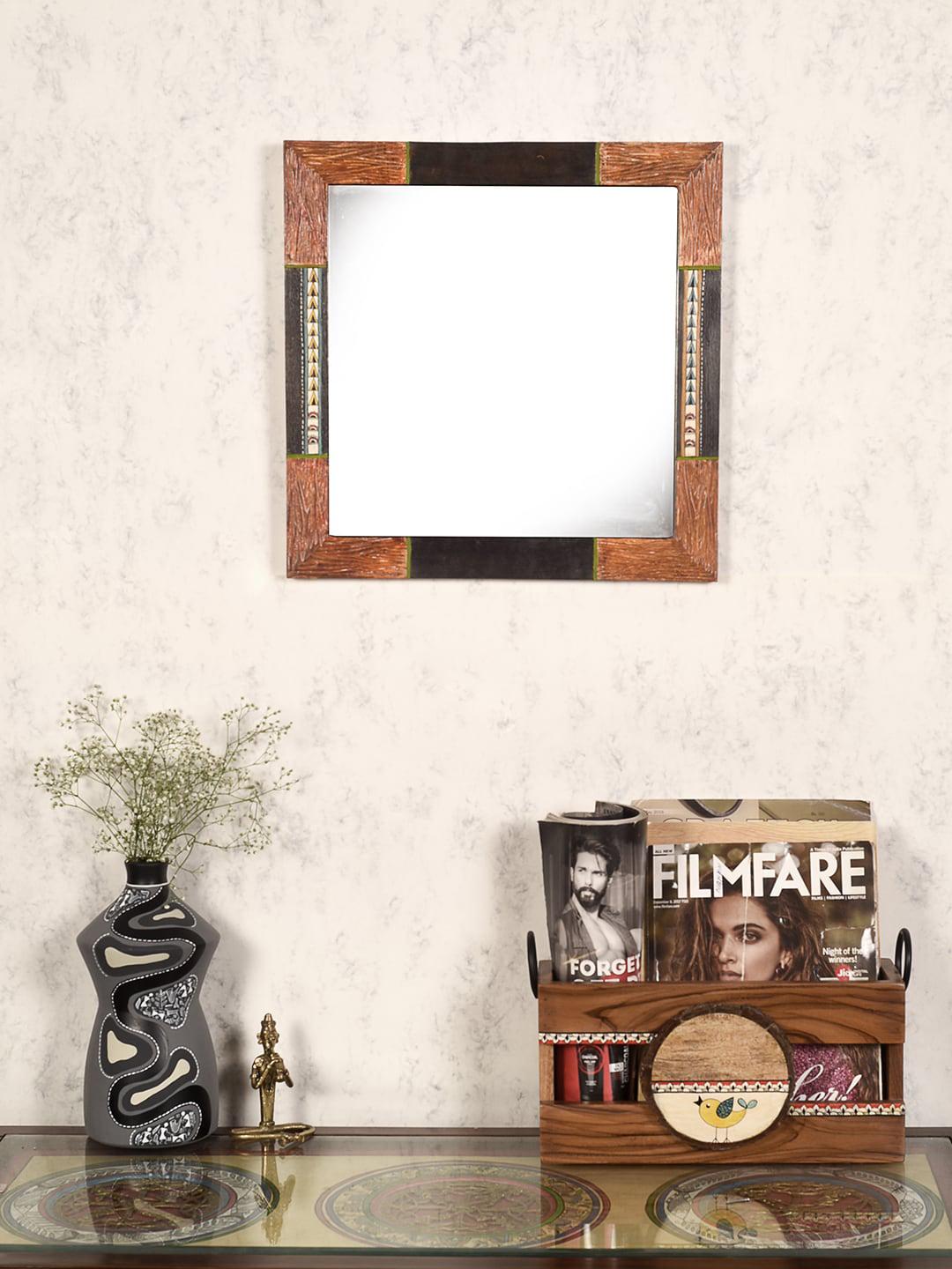 Buy AAKRITI ART CREATIONS Orange Wooden Square Mirror - Mirrors