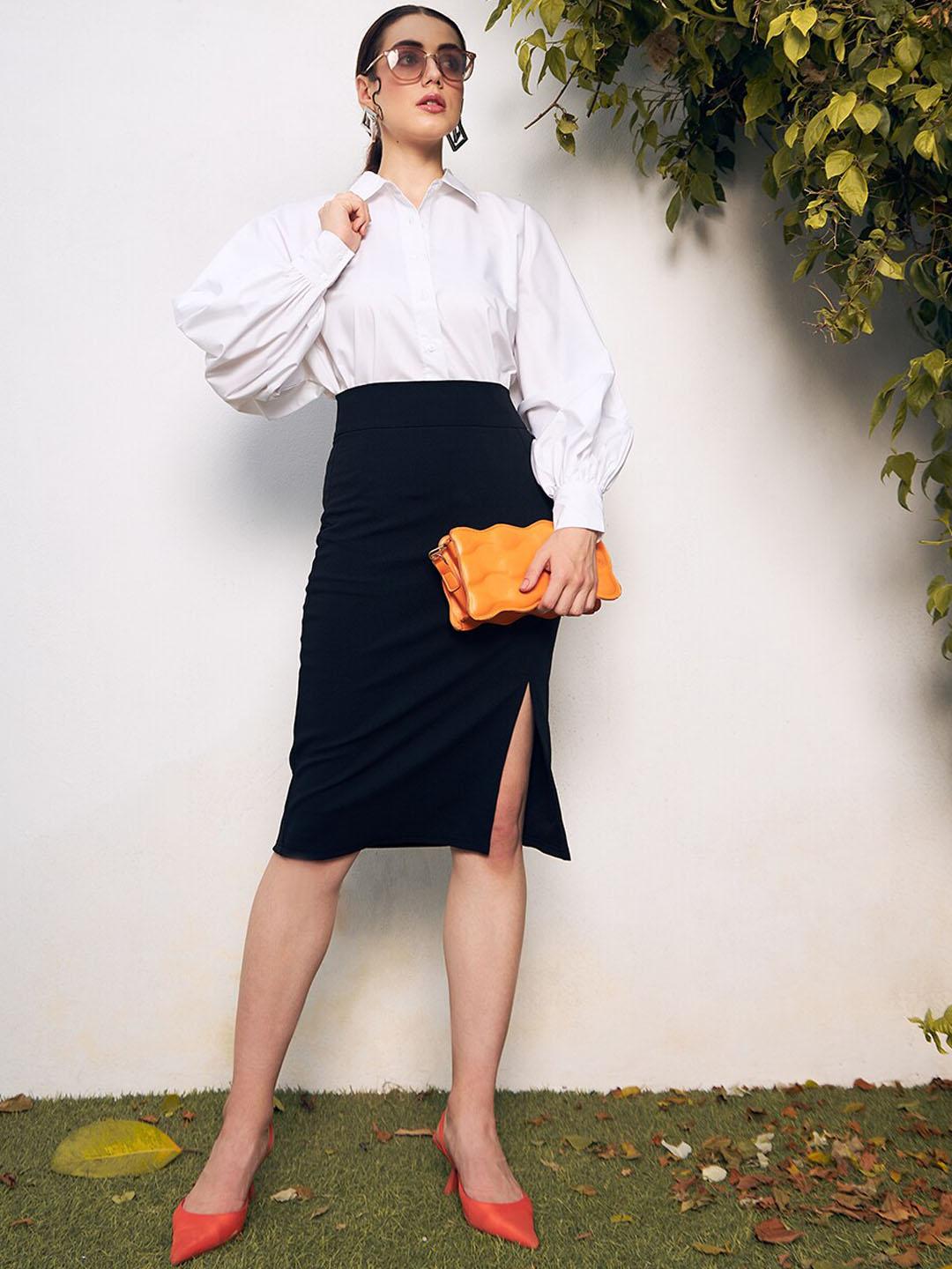 Buy Berrylush Black Split Thigh Pencil Skirt Skirts for Women