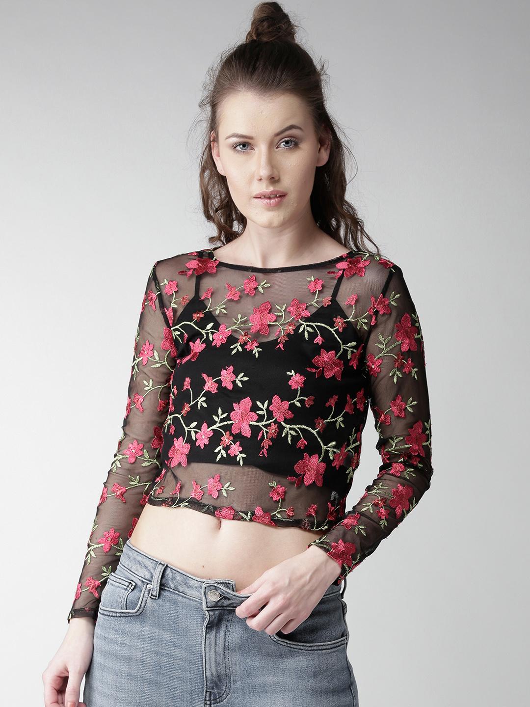 Buy FOREVER 21 Women Black Sheer Crop Top with Floral Embroidery