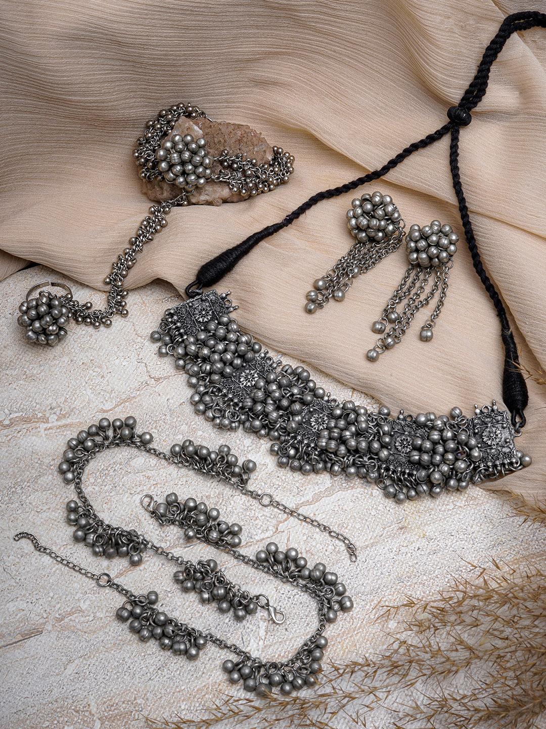 TEEJH Silver-Plated Oxidised Jewellery Set