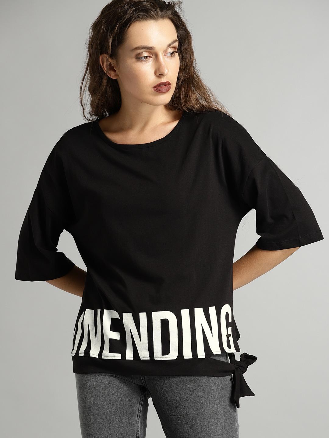 Buy Roadster Women Black Printed Round Neck Boxy Fit T-shirt