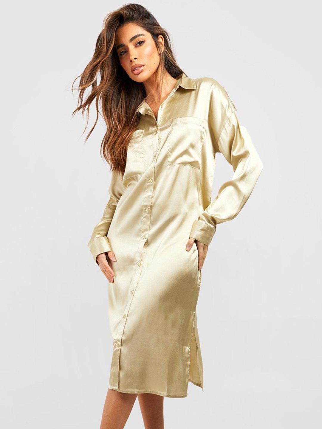 Long Satin Shirt Dress Naomi Button Front Satin Dress in Purple Medium