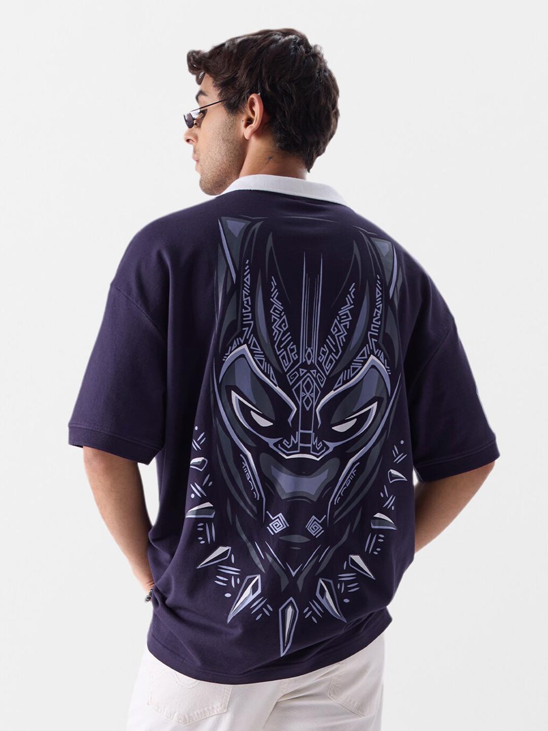The Souled Store Black Panther Printed Polo Collar Oversized Pure Cotton  T-shirt