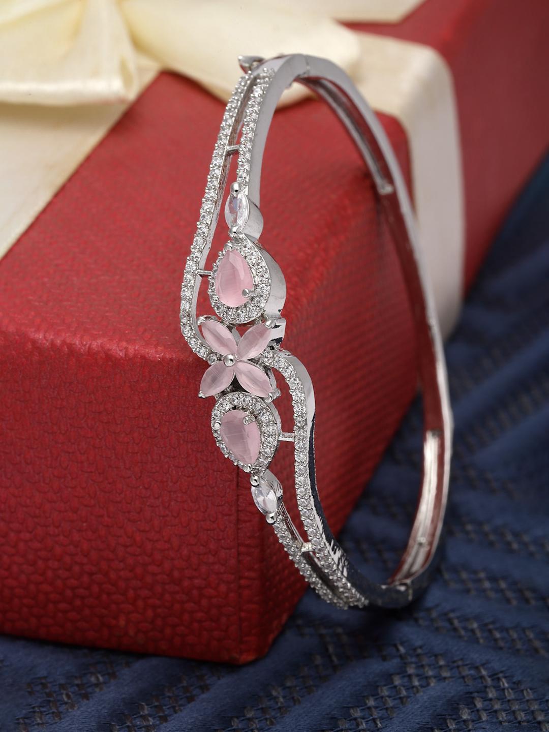 Buy ZENEME Rhodium-Plated Silver Toned Pink American Diamond Cuff
