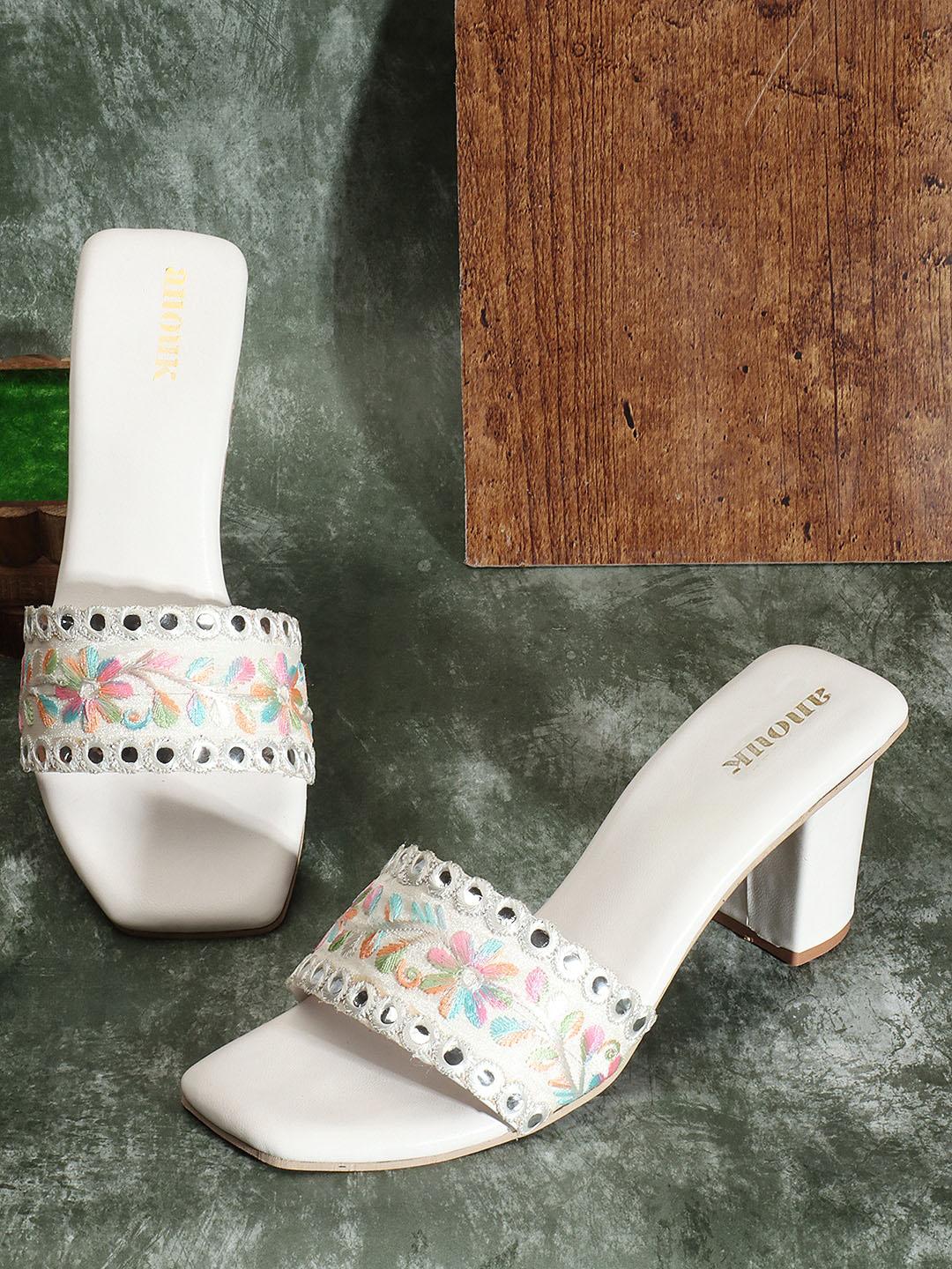 Anouk White Pink Embroidered Block Heels