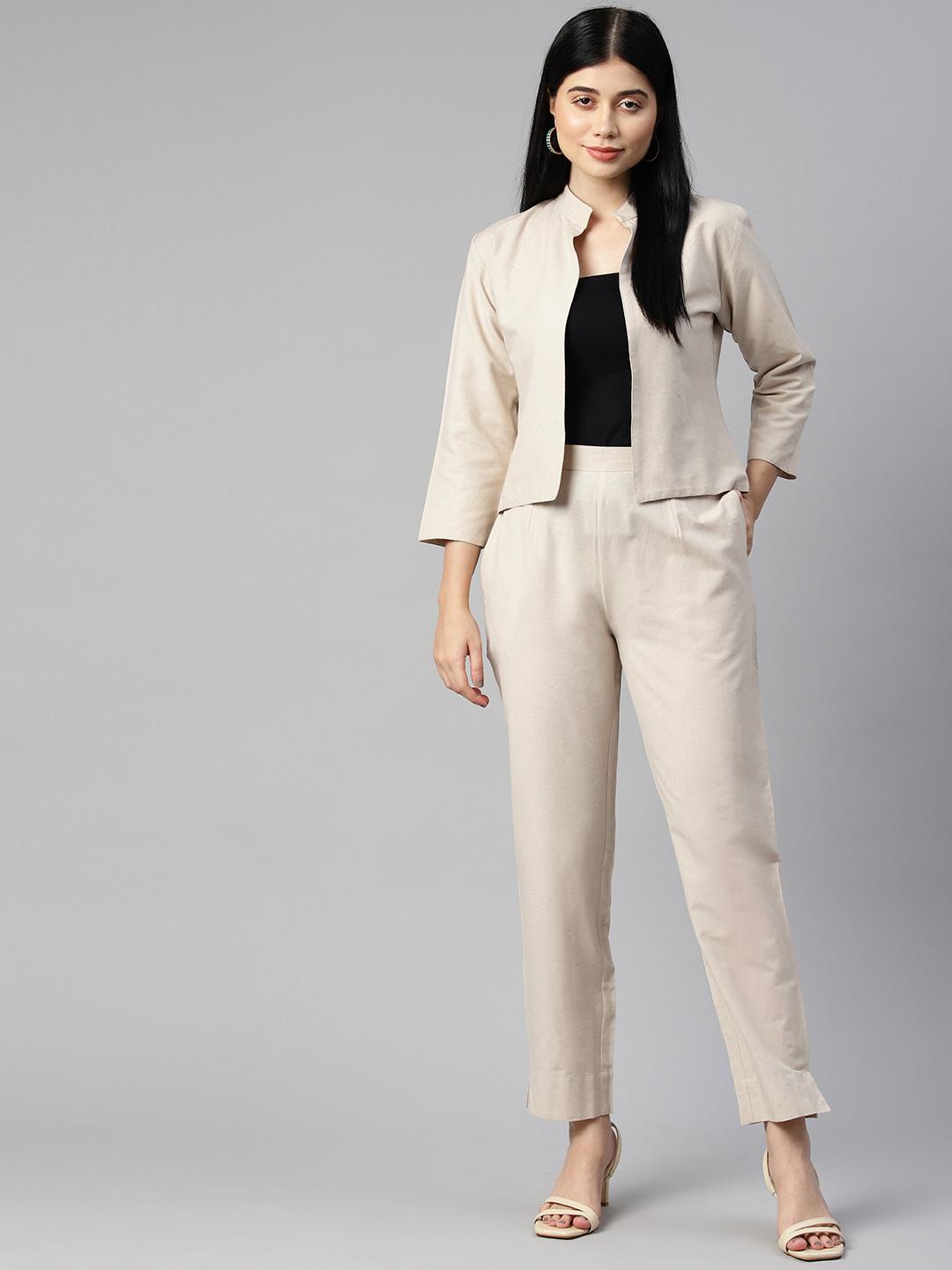 Buy Cottinfab Women Solid Cotton Blazers and Trousers Co-Ord Set