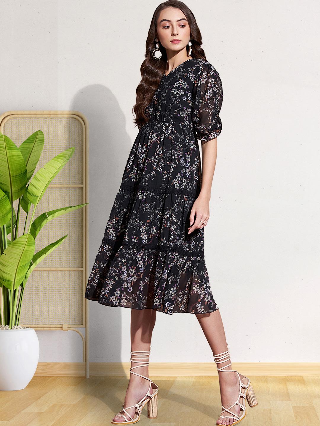 Buy DressBerry Black Floral Print Georgette Fit Flare Midi Dress