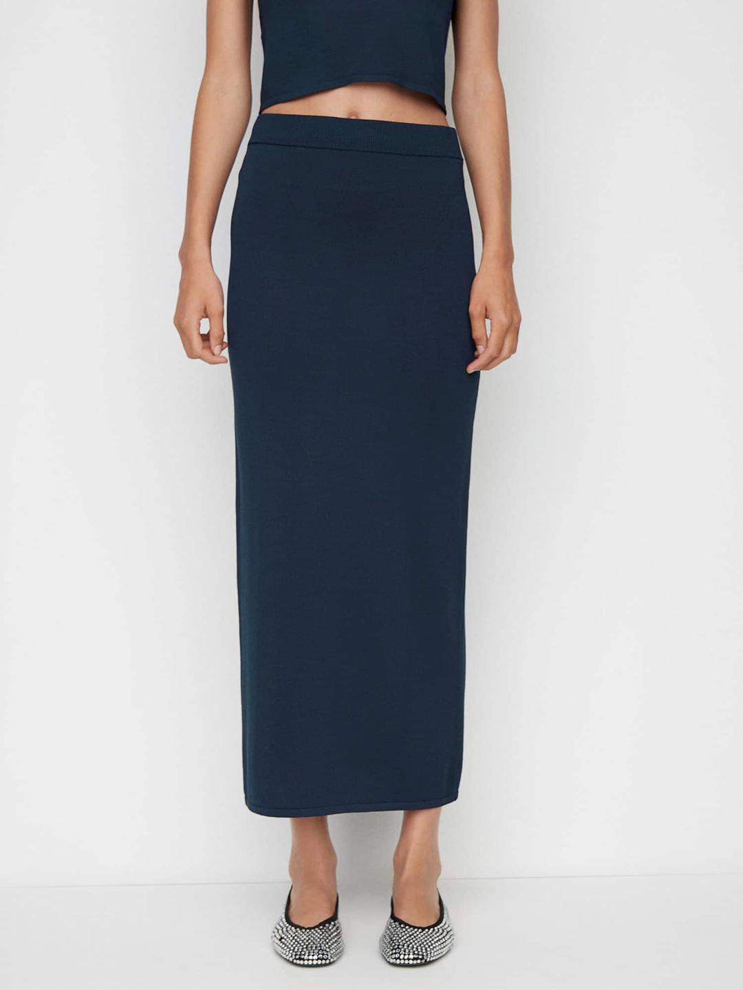 Knitted Skirt Mango Grey Pencil Skirt MANGO Solid Midi Straight Skirt