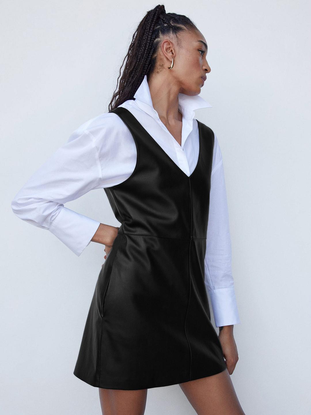 Buy MANGO Faux-Leather Sleeveless Pinafore Mini Dress - Dresses for Women  25427118 | Myntra