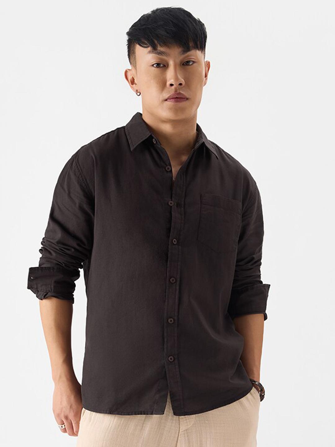 The Souled Store Men Regular Fit Solid Brown Cotton Linen Shirt