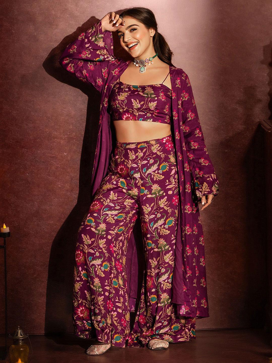 Ishin Floral Printed Shoulder Straps Top With Palazzo Shrug