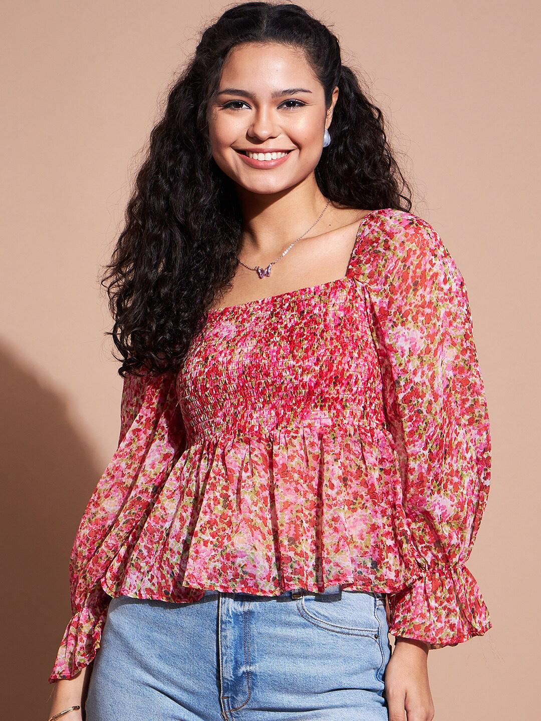 Buy Deewa Pink Floral Print Square Neck Georgette Top - Tops for