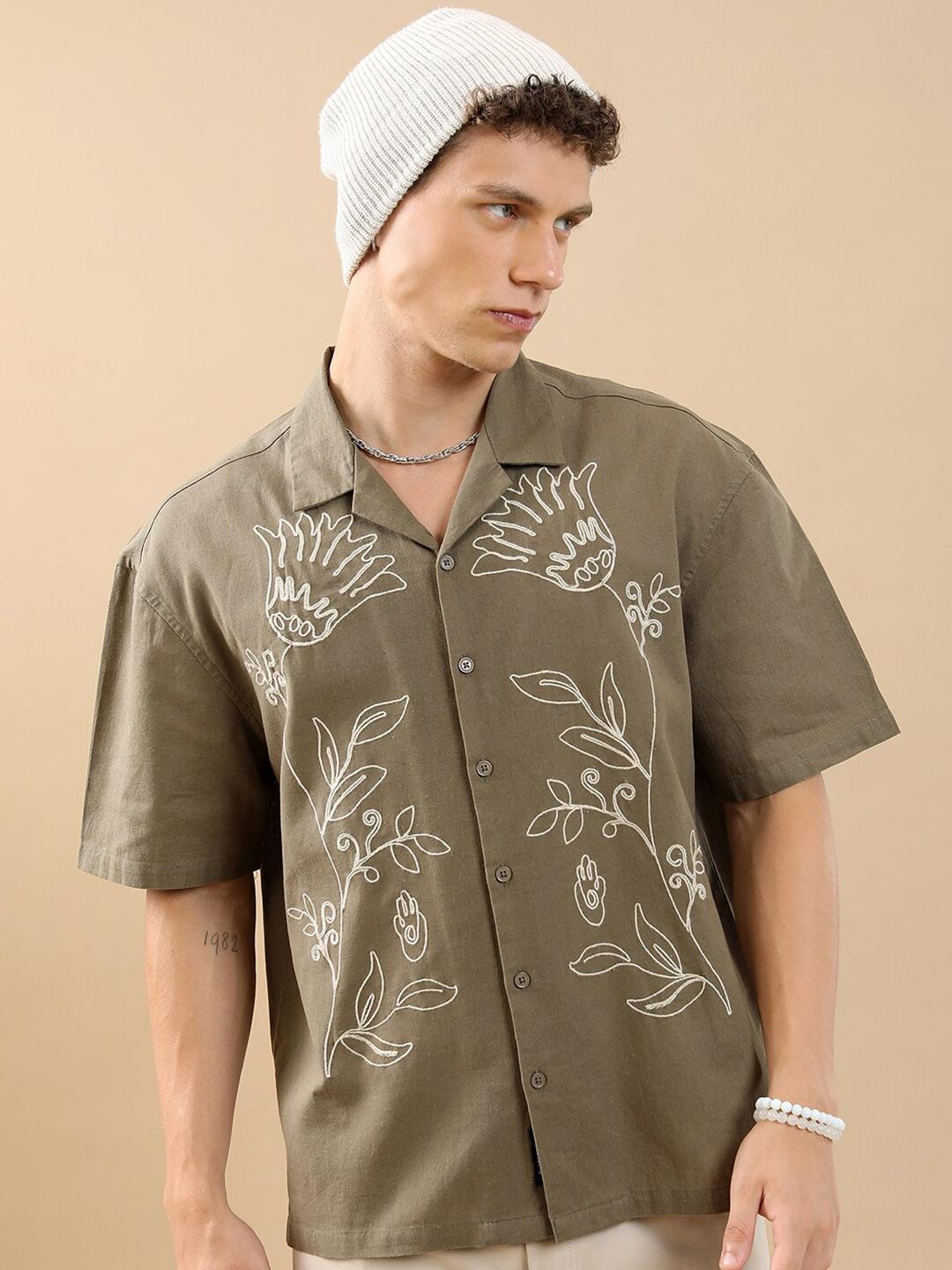 Buy HIGHLANDER Embroidered Drop Shoulder Cuban collar Cotton Linen