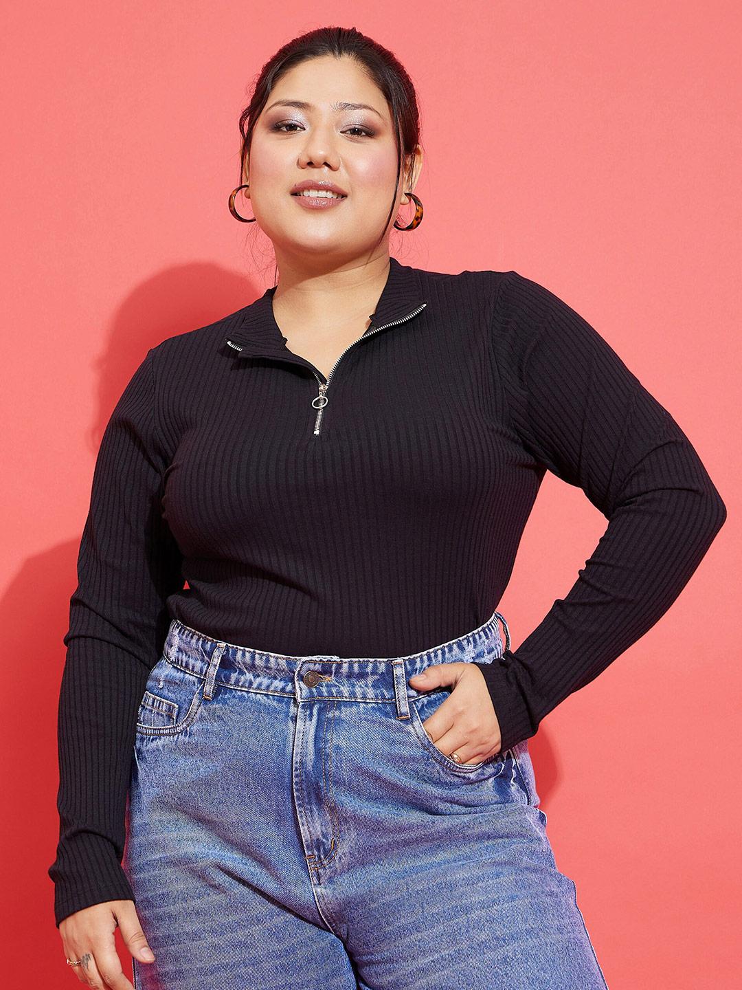 Buy SASSAFRAS Curve Plus Size Black Knitted Rib Front Zipper Buy SASSAFRAS Curve Plus Size Black Knitted Rib Front Zipper