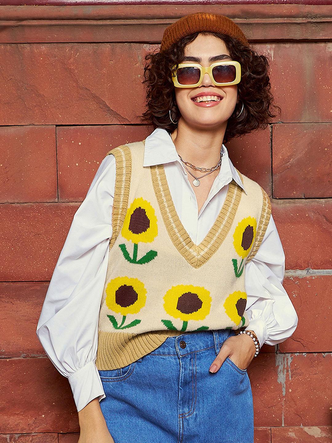 Buy SASSAFRAS Beige & Yellow Floral Printed Woollen Sweater Vest