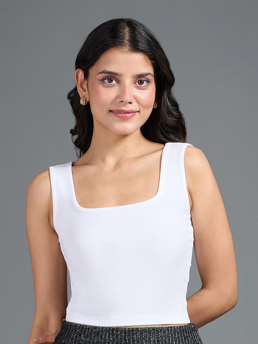 Buy 20Dresses White Square Neck Sleeveless Ribbed Fitted Crop Top