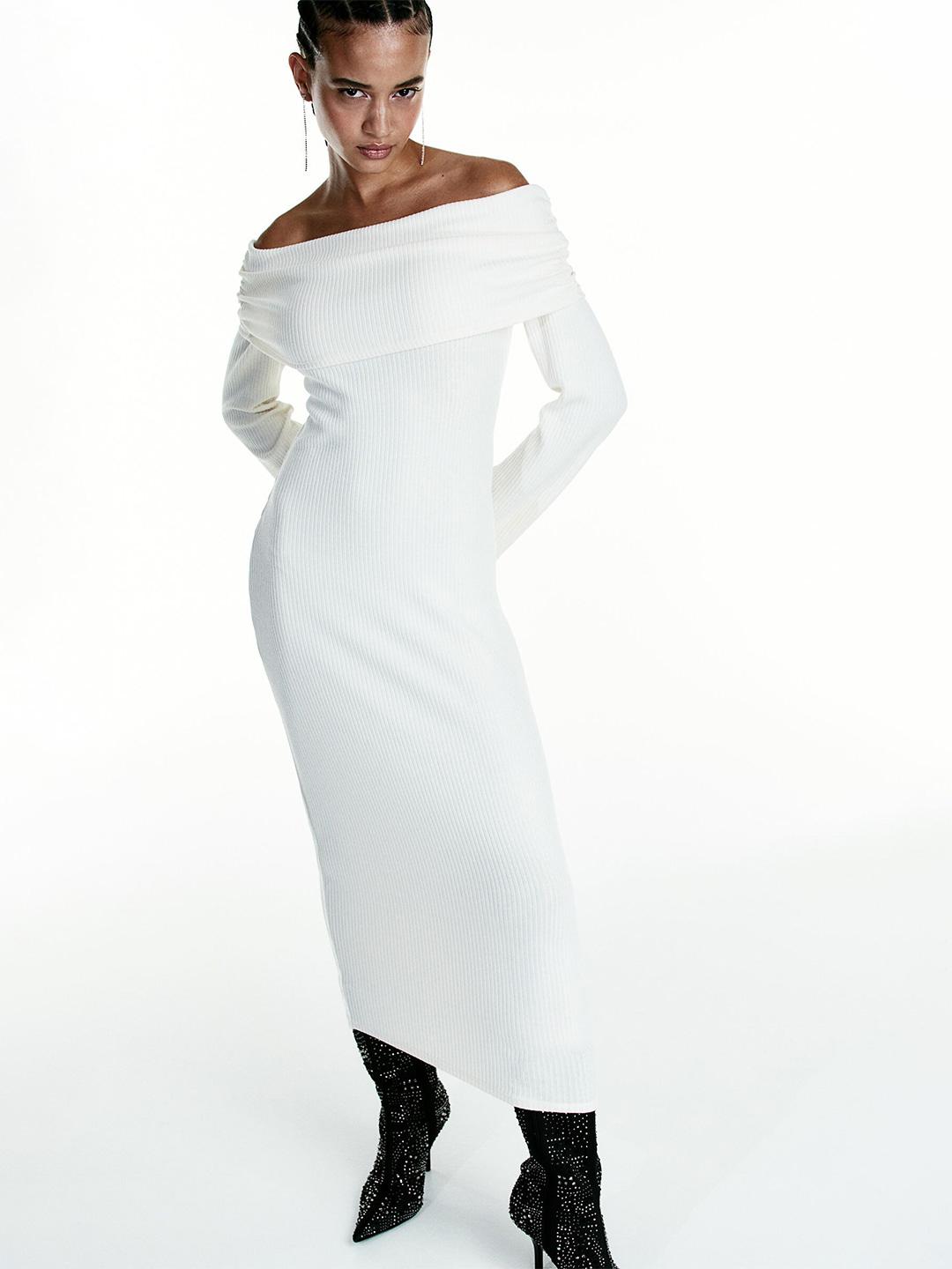 h&m off the shoulder bodycon dress H&M + Off-the-shoulder Ribbed Dress