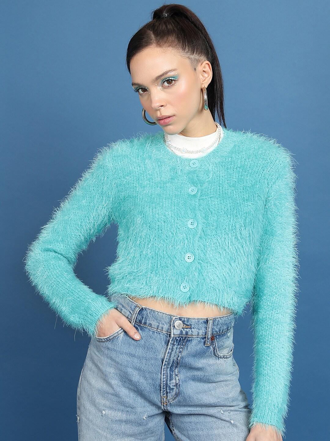 Buy Tokyo Talkies Blue Boucle Self Design Acrylic Crop Cardigan