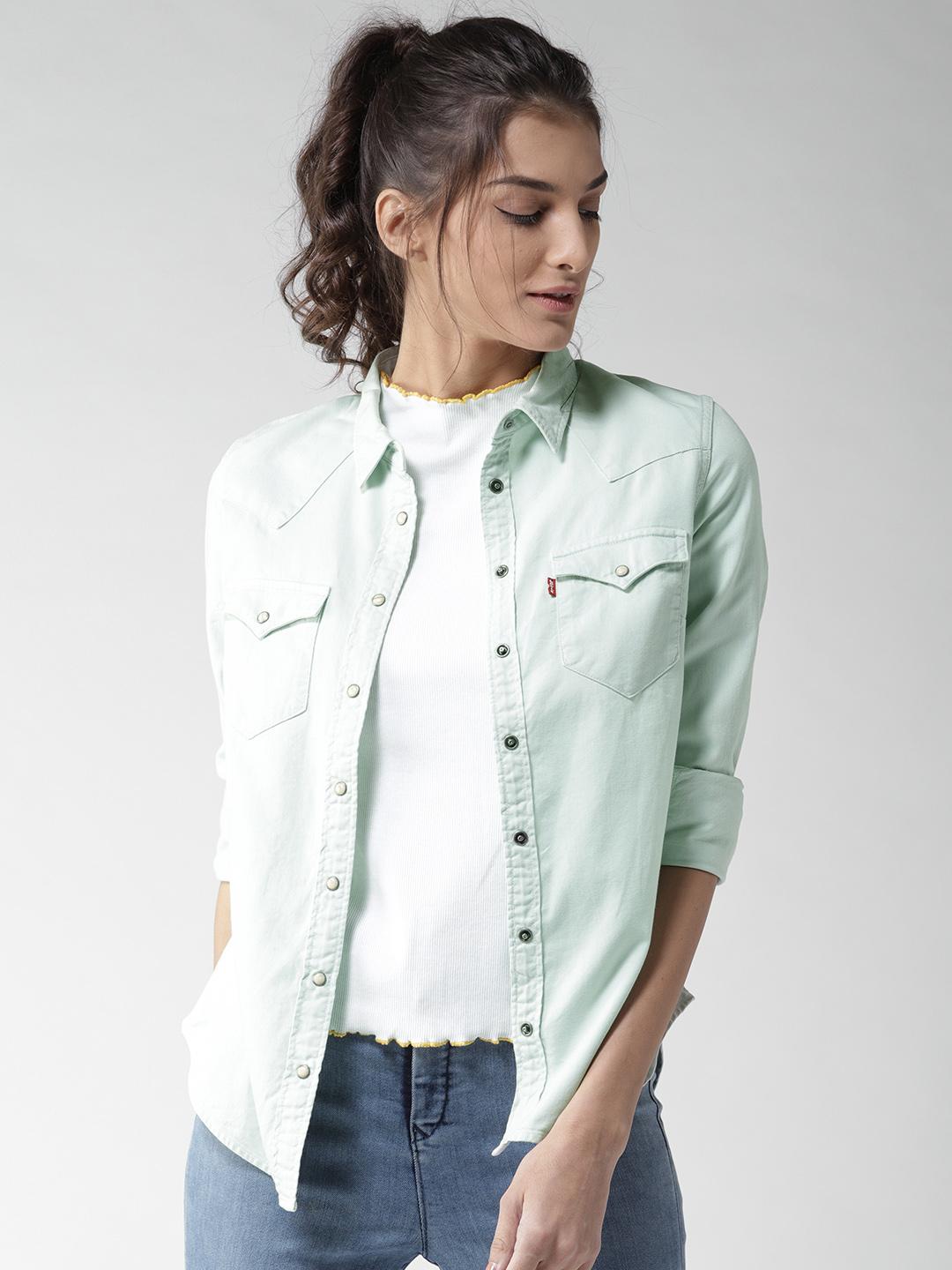 Buy Levis Women Mint Green Regular Fit Solid Denim Shirt Shirts - Main Image