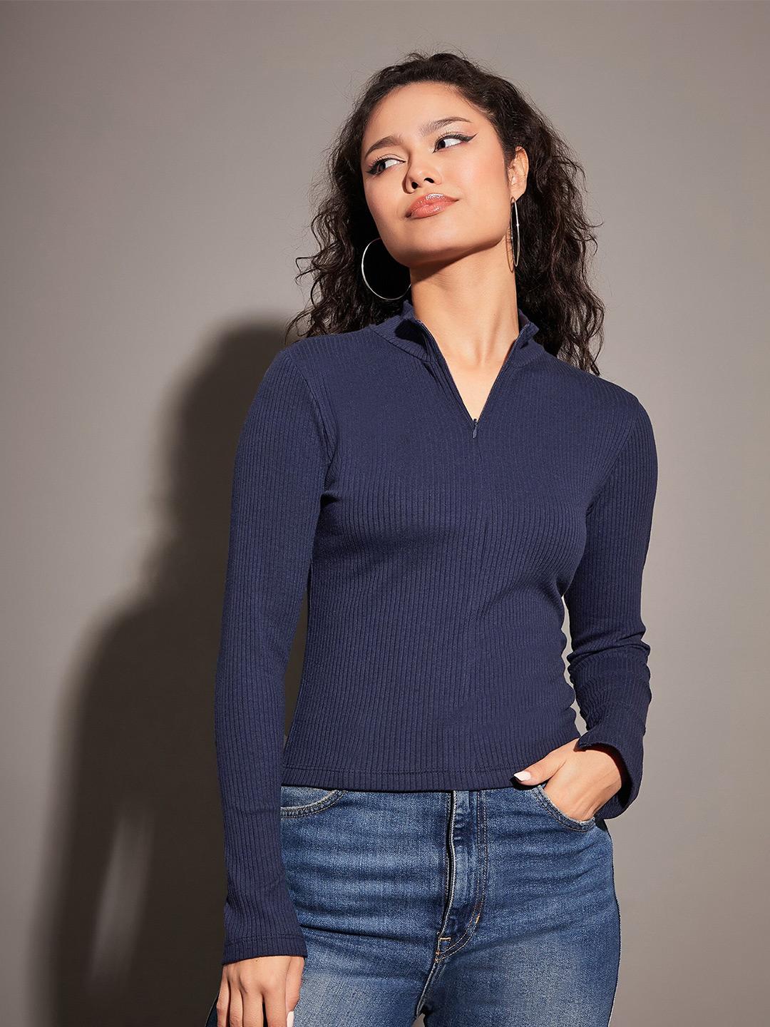 Buy SASSAFRAS Navy Blue High Neck Half Zipper Fitted Top - Tops