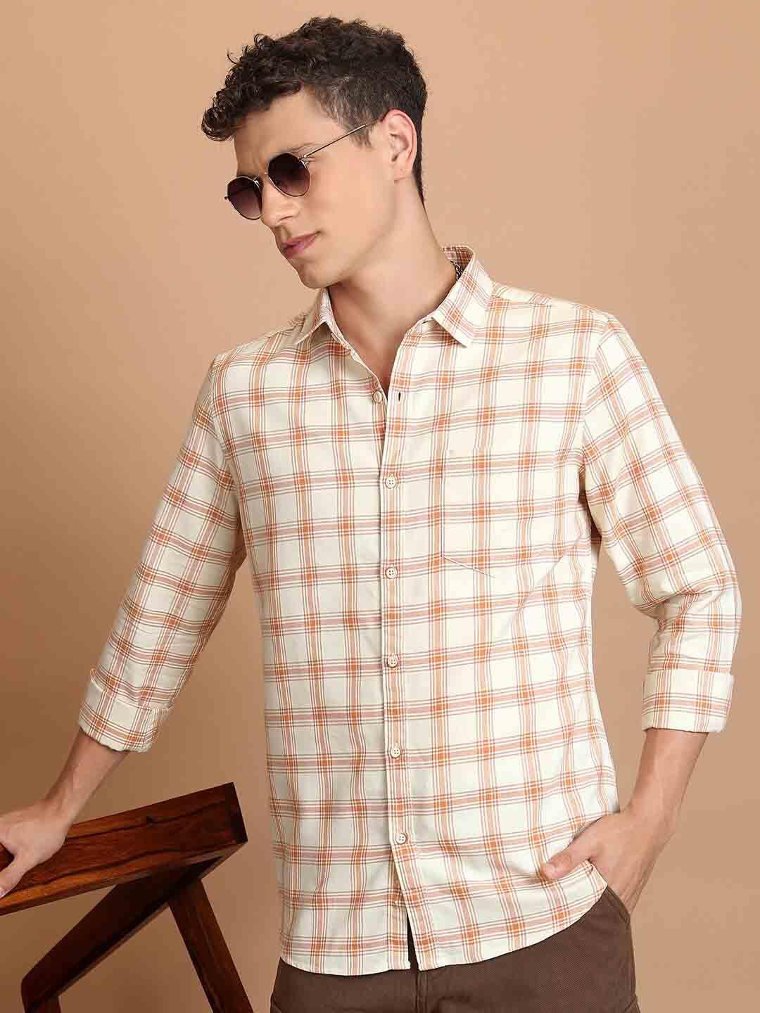 HIGHLANDER Beige Slim Fit Tartan Checks Cotton Casual Shirt - Image 1