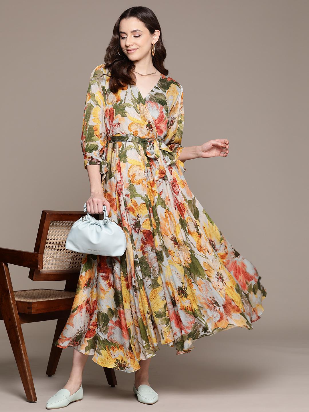 Buy Ritu Kumar Floral Print Puff Sleeve Satin Maxi Dress - Dresses for  Women 25945876 | Myntra