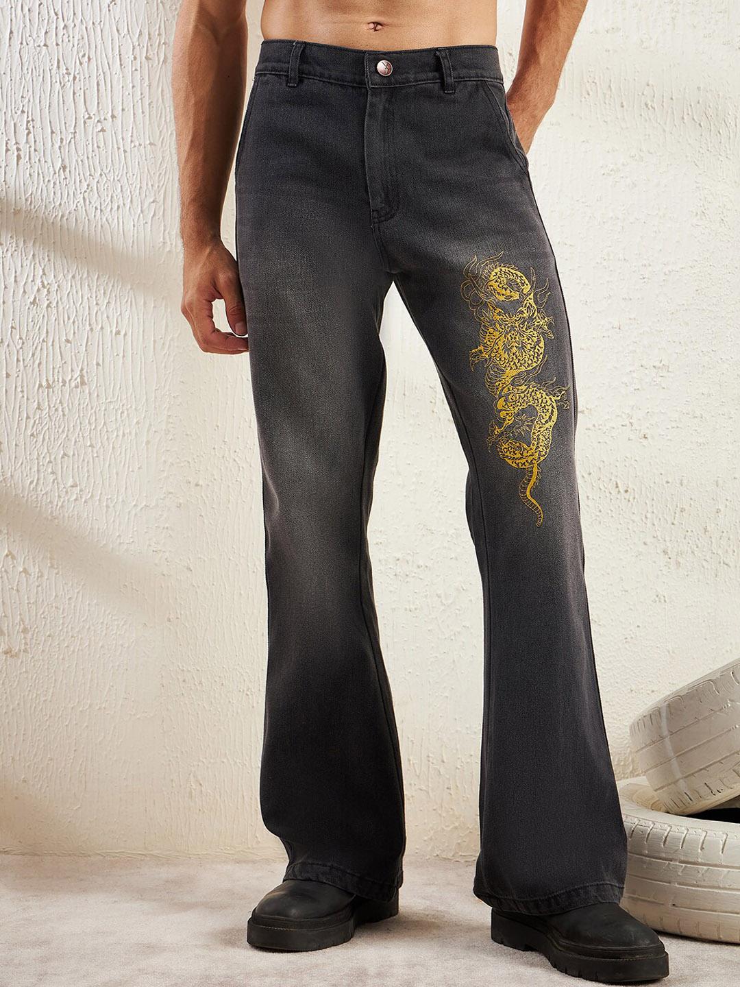 Buy FUGAZEE Men Dragon Mid-Rise Flared Embroidered Jeans - Jeans