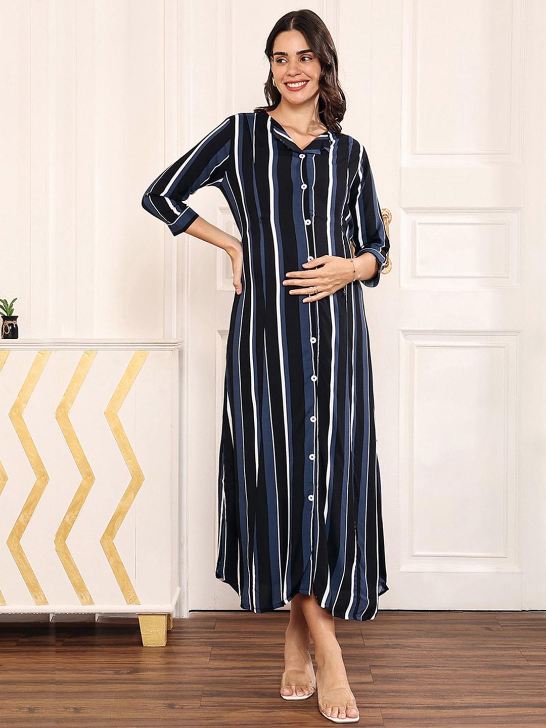 MomToBe Striped Round Neck Maternity A-Line Maxi Dress