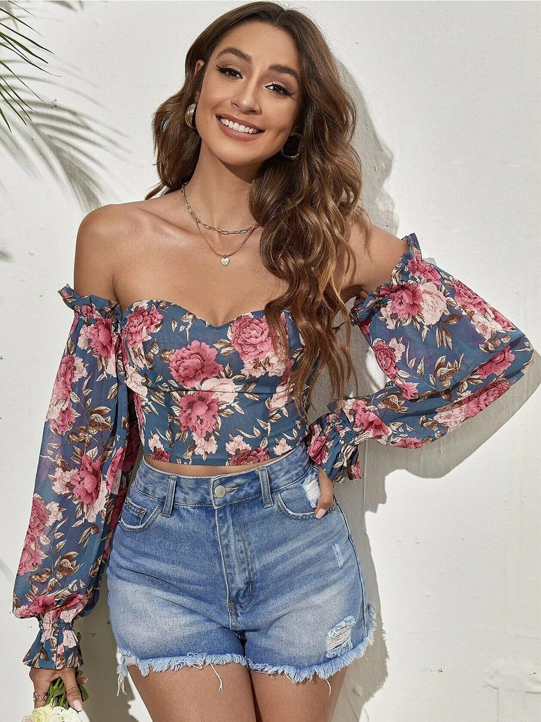 Buy Stylecast X Slyck Teal Blue Floral Printed Off-Shoulder Bardot