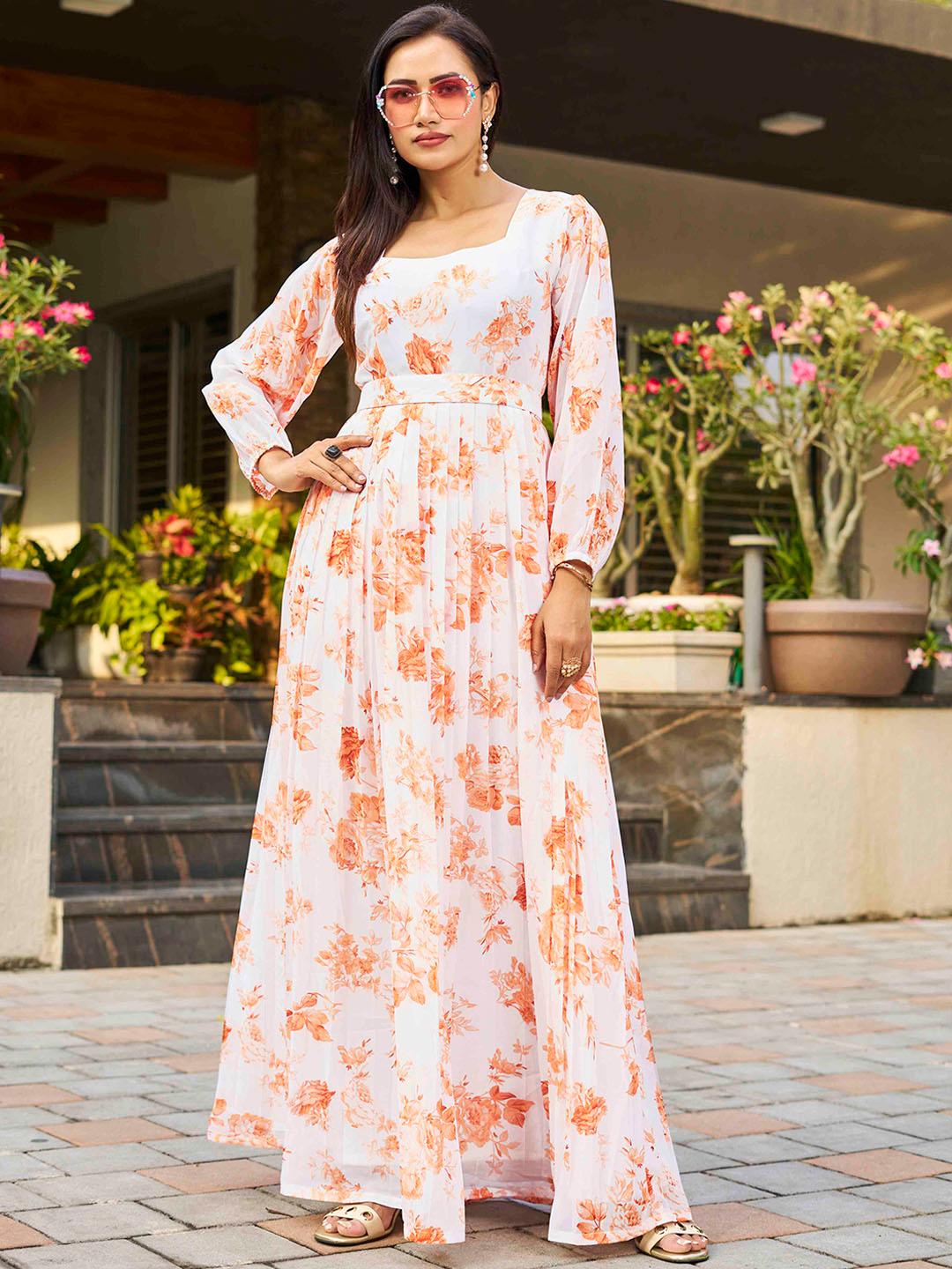 CHANSI Floral Printed Puff Sleeves Georgette Belted Maxi Dress