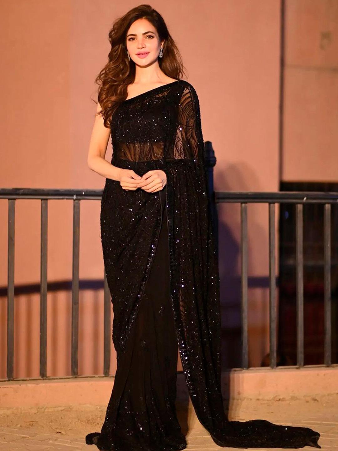Sangria Black Sequinned Embellished Fusion Saree - Image 1