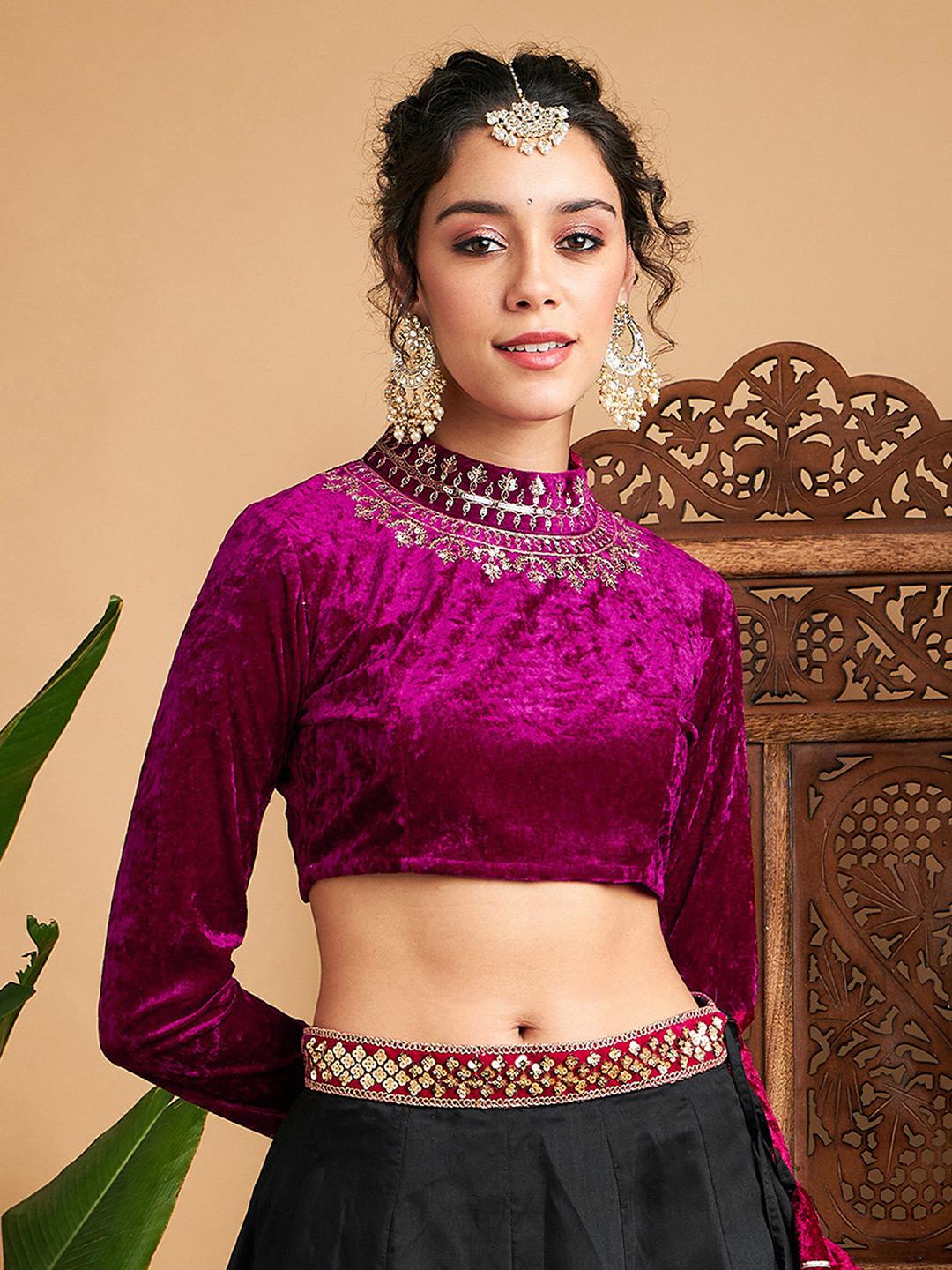 Buy Shae by SASSAFRAS Jewel Neck Embroidered Velvet Crop Top