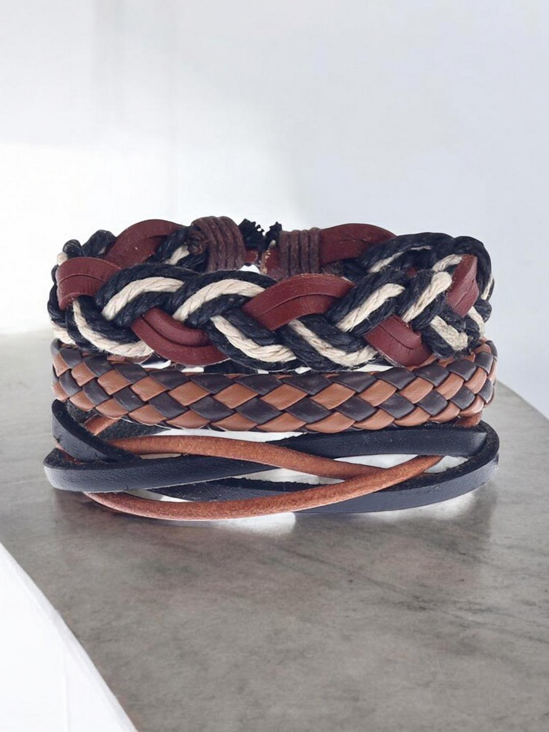 Buy OOMPH Men Set Of Braided Leather Wraparound Bracelet