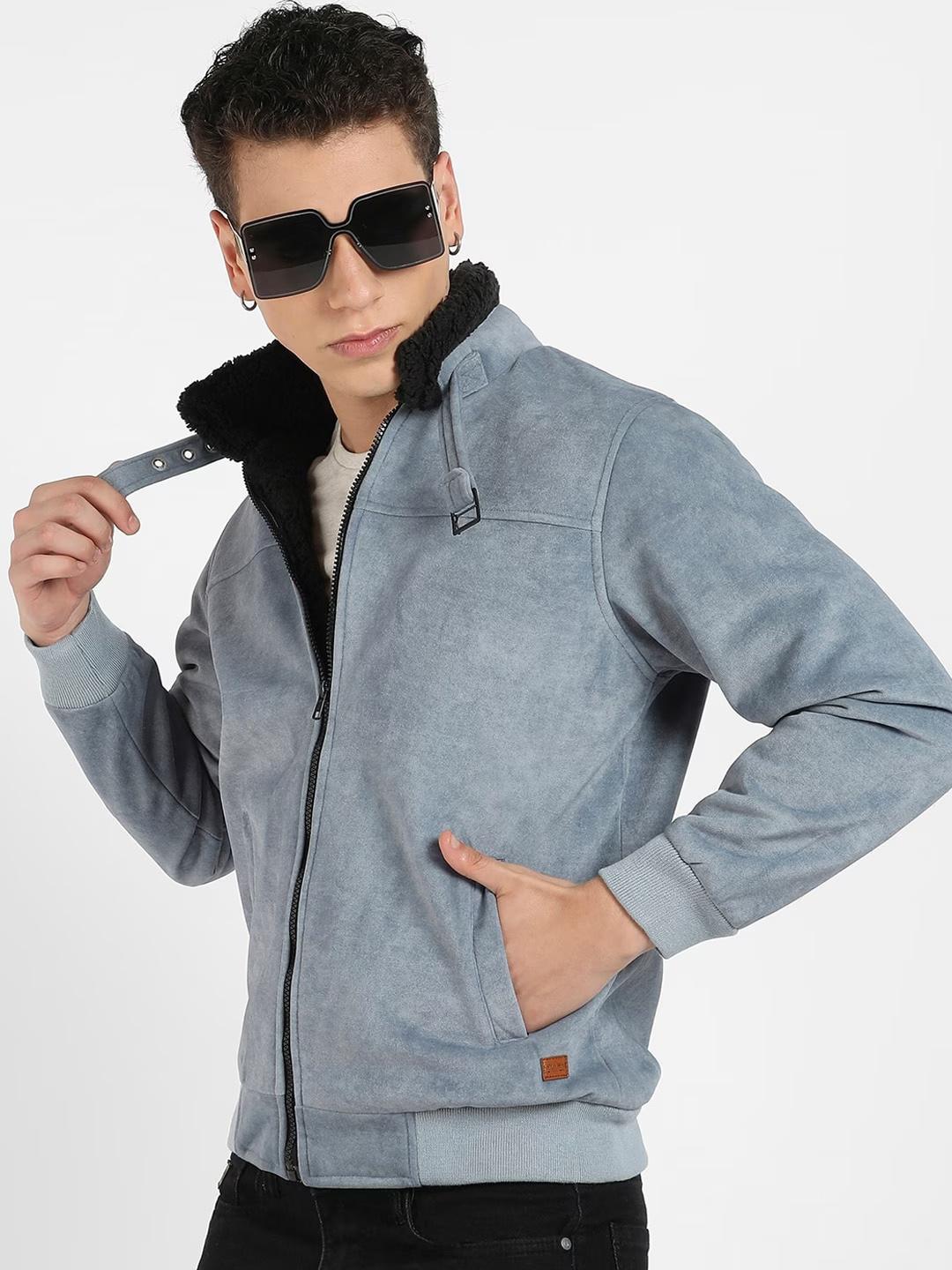 Buy Campus Sutra Grey Mock Collar Windcheater Fleece Bomber Jacket