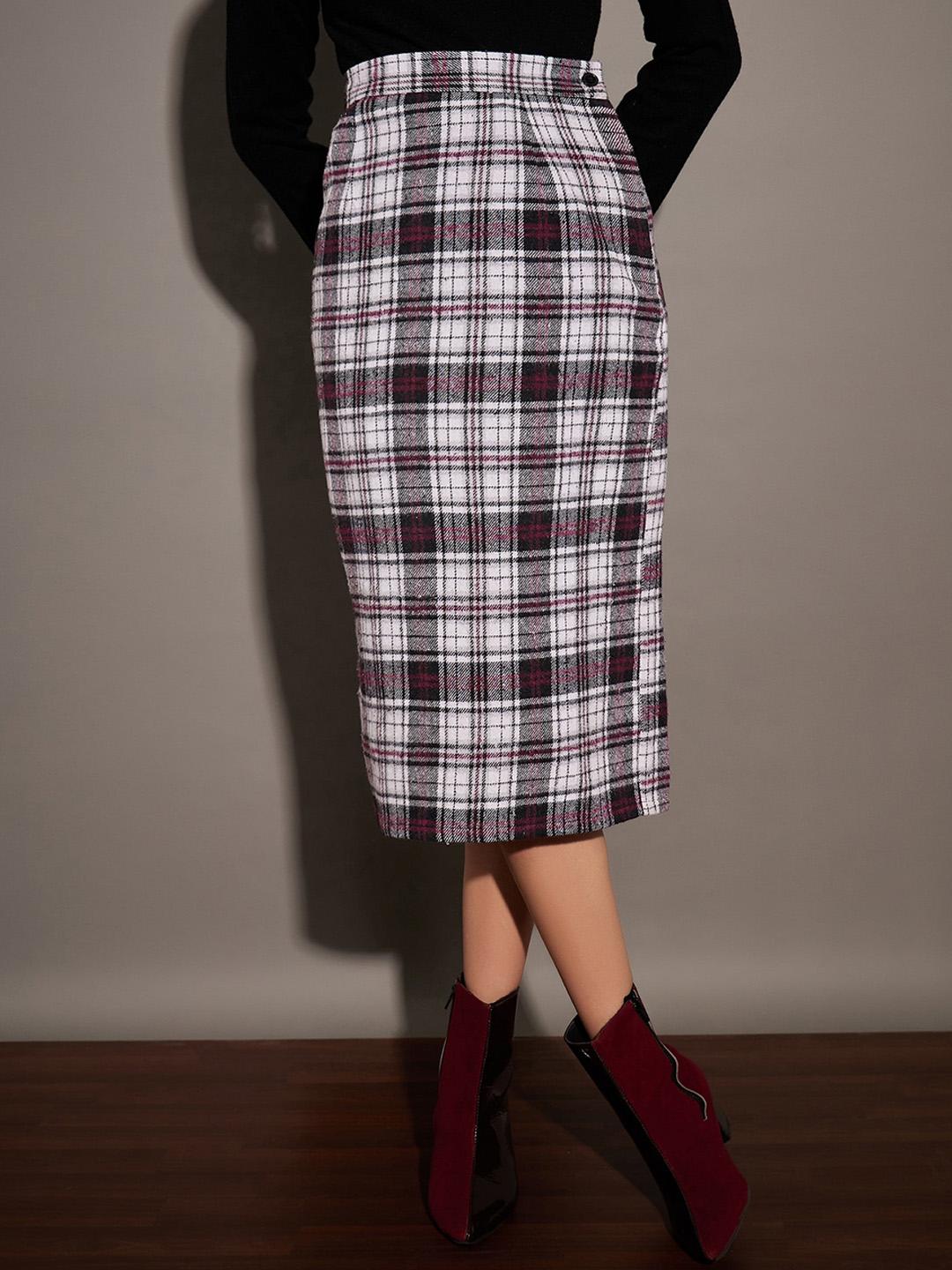Buy SASSAFRAS White Checked Pure Cotton Pencil Midi Skirt - Skirts